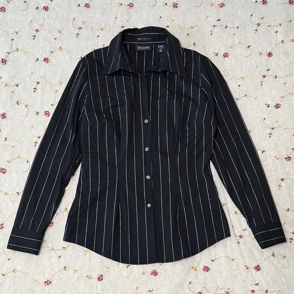 Y2K 2000s Office Siren Button Blouse Top Shirt Pinstripe Black‎ New York Small